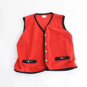 Vintage Susan Bristol Red & Black Fleece Button Up Cardigan Vest 2W